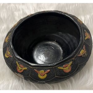 VTG Tokanabe Black Pedestal Bowl‎ Red Gold Geometric Design Made In Japan - Read